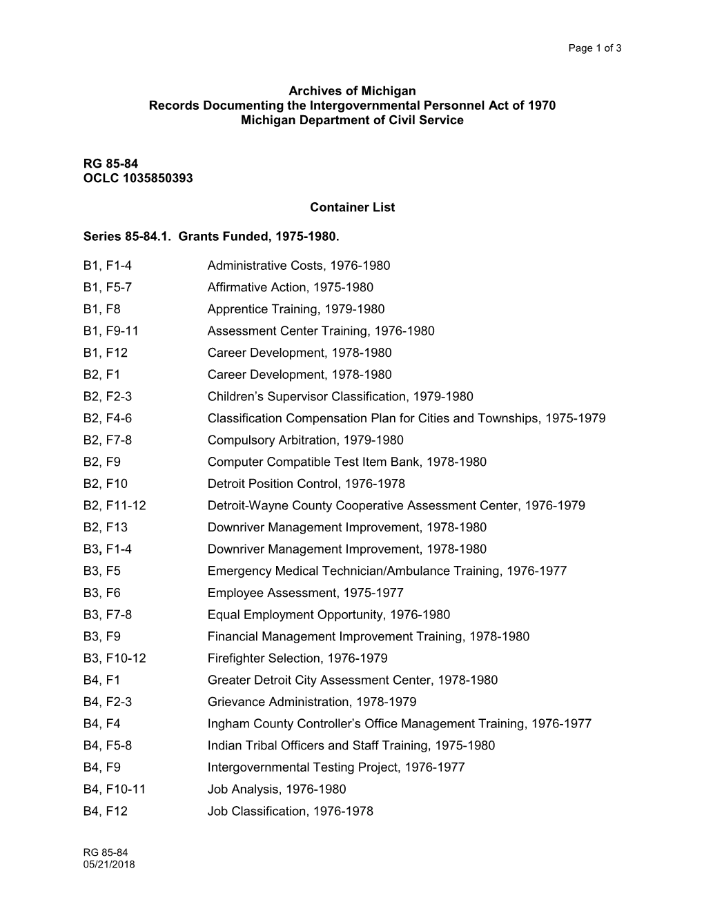 Archives of Michigan Records Documenting the Intergovernmental Personnel Act of 1970 Michigan Department of Civil Service