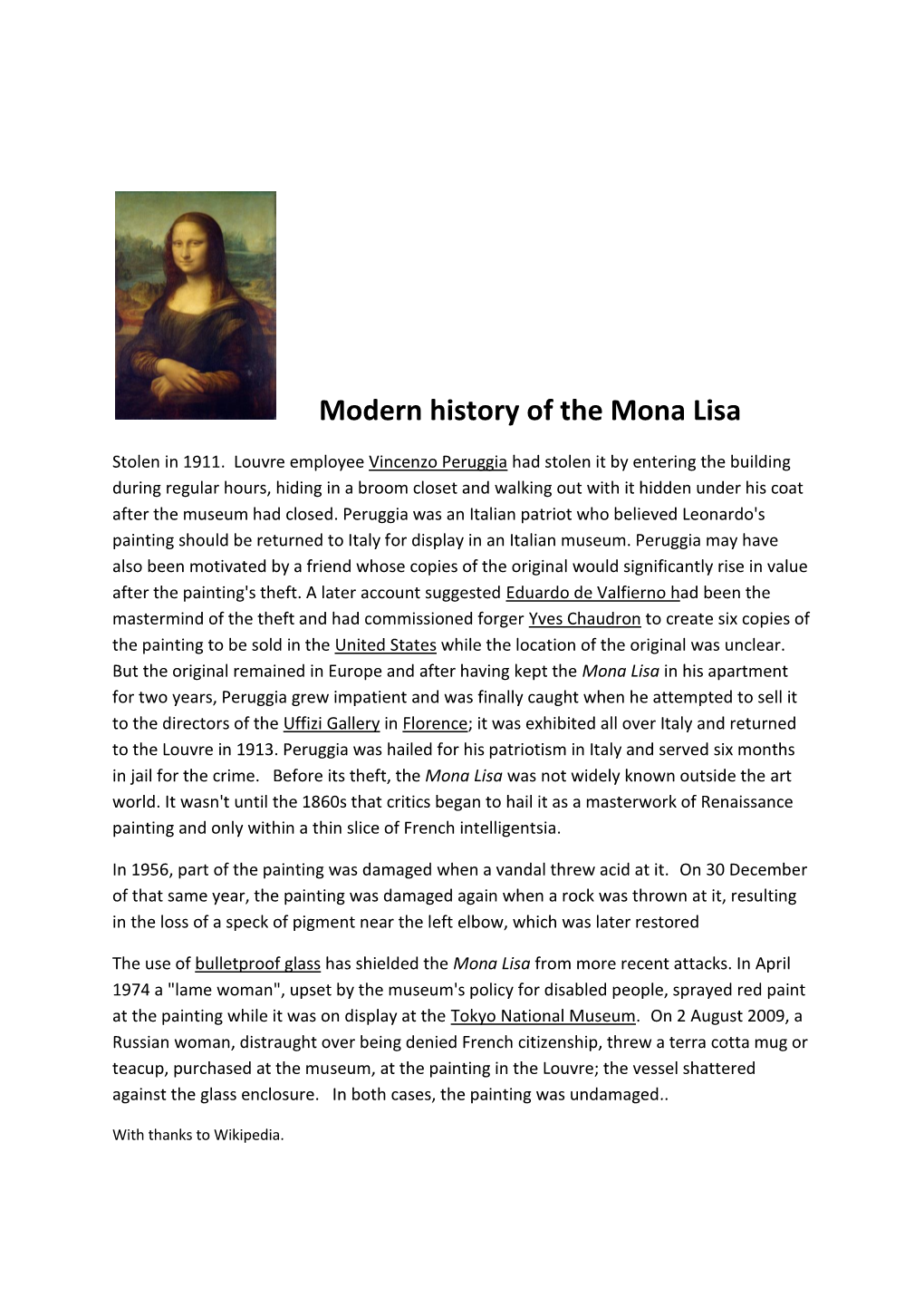 Modern History of the Mona Lisa