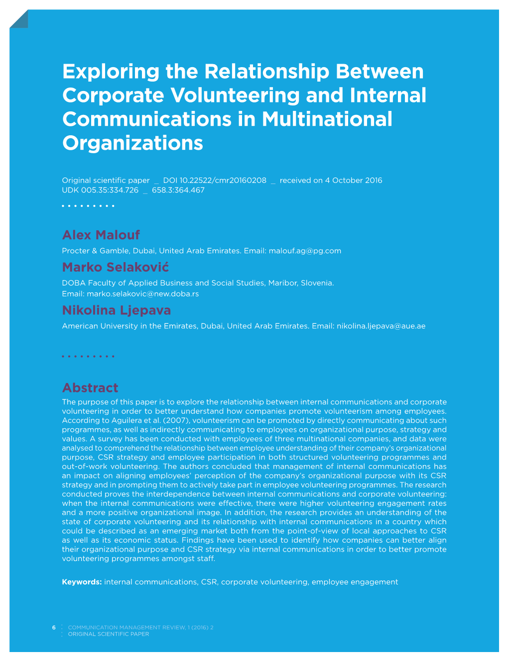 Exploring the Relationship Between Corporate Volunteering and Internal Communications in Multinational Organizations