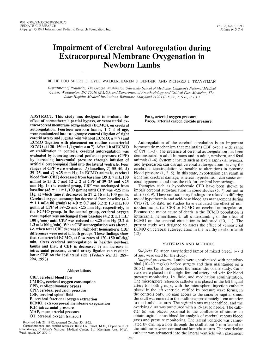 Impairment of Cerebral Autoregulation During Extracorporeal Membrane Oxygenation in Newborn Lambs