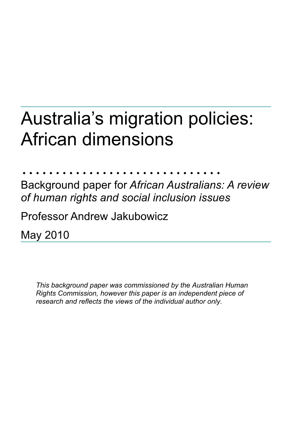 Australia S Migration Policies: African Dimensions