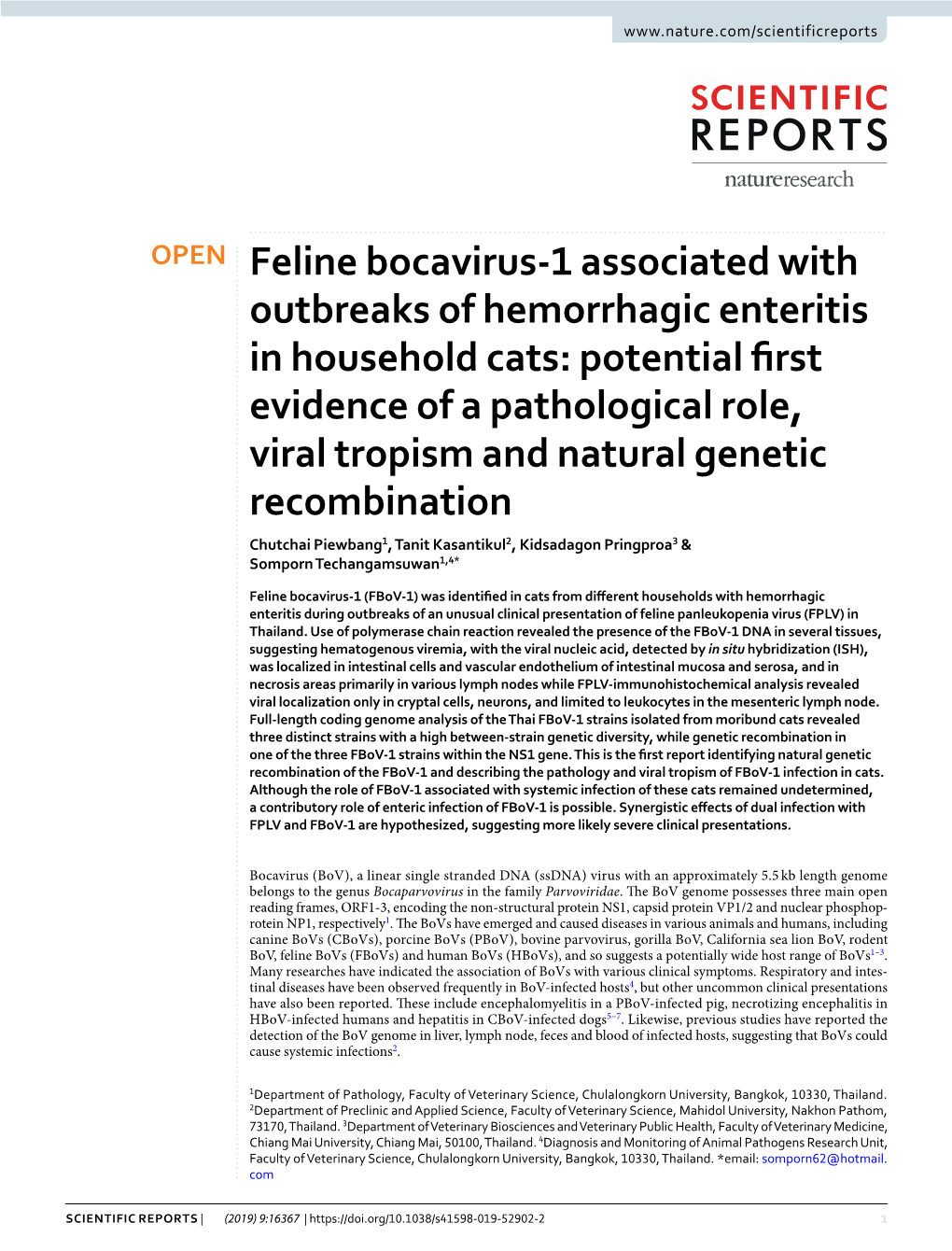 Feline Bocavirus-1 Associated with Outbreaks of Hemorrhagic Enteritis