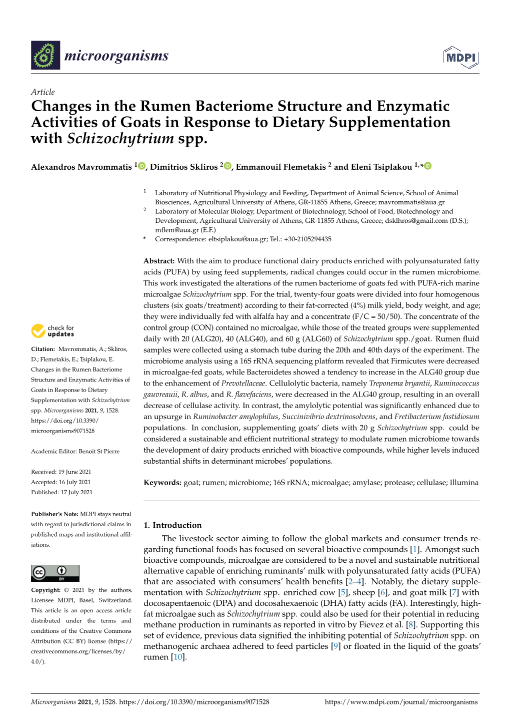 Changes in the Rumen Bacteriome Structure and Enzymatic Activities of Goats in Response to Dietary Supplementation with Schizochytrium Spp