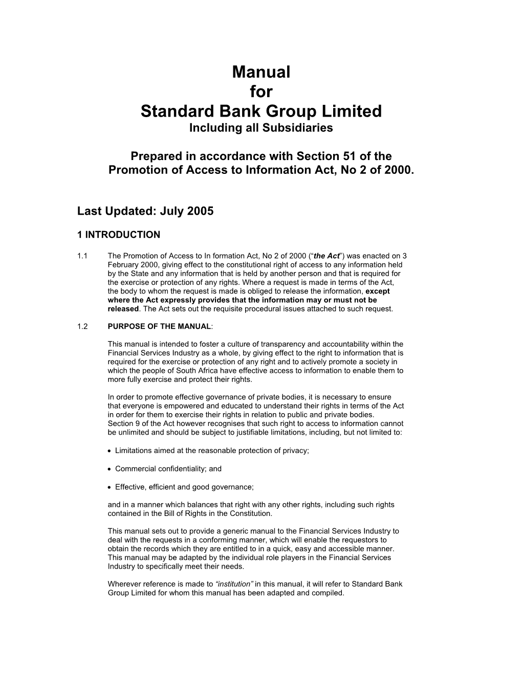 Manual for Standard Bank Group Limited Including All Subsidiaries