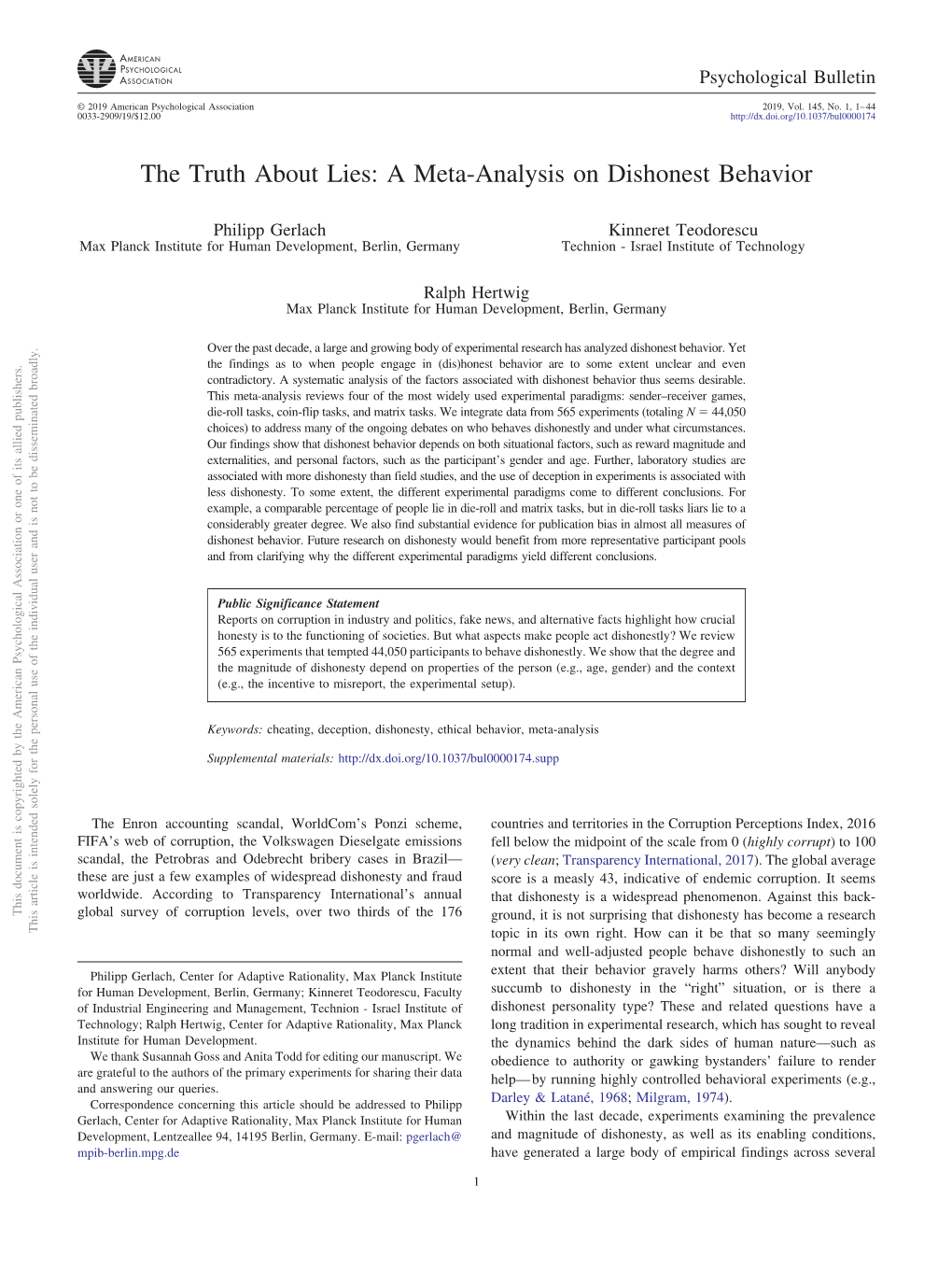 The Truth About Lies: a Meta-Analysis on Dishonest Behavior