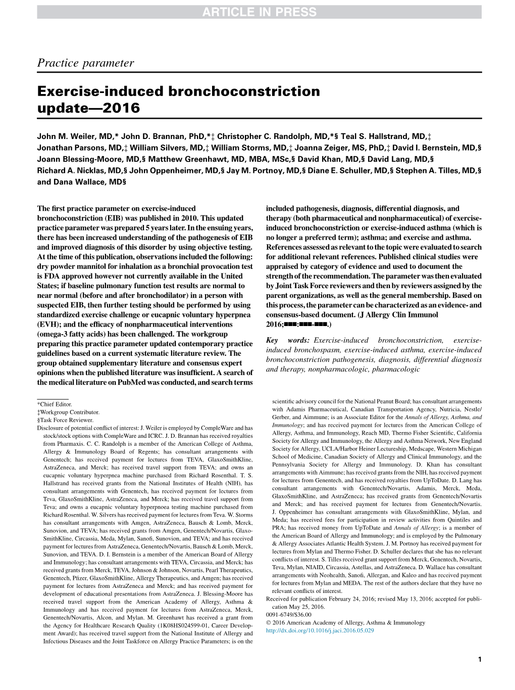 Exercise Induced Bronchoconstriction Practice Parameter 2016