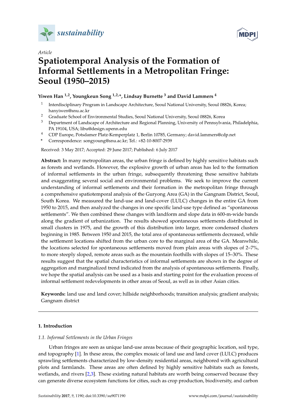 Spatiotemporal Analysis of the Formation of Informal Settlements in a Metropolitan Fringe: Seoul (1950–2015)