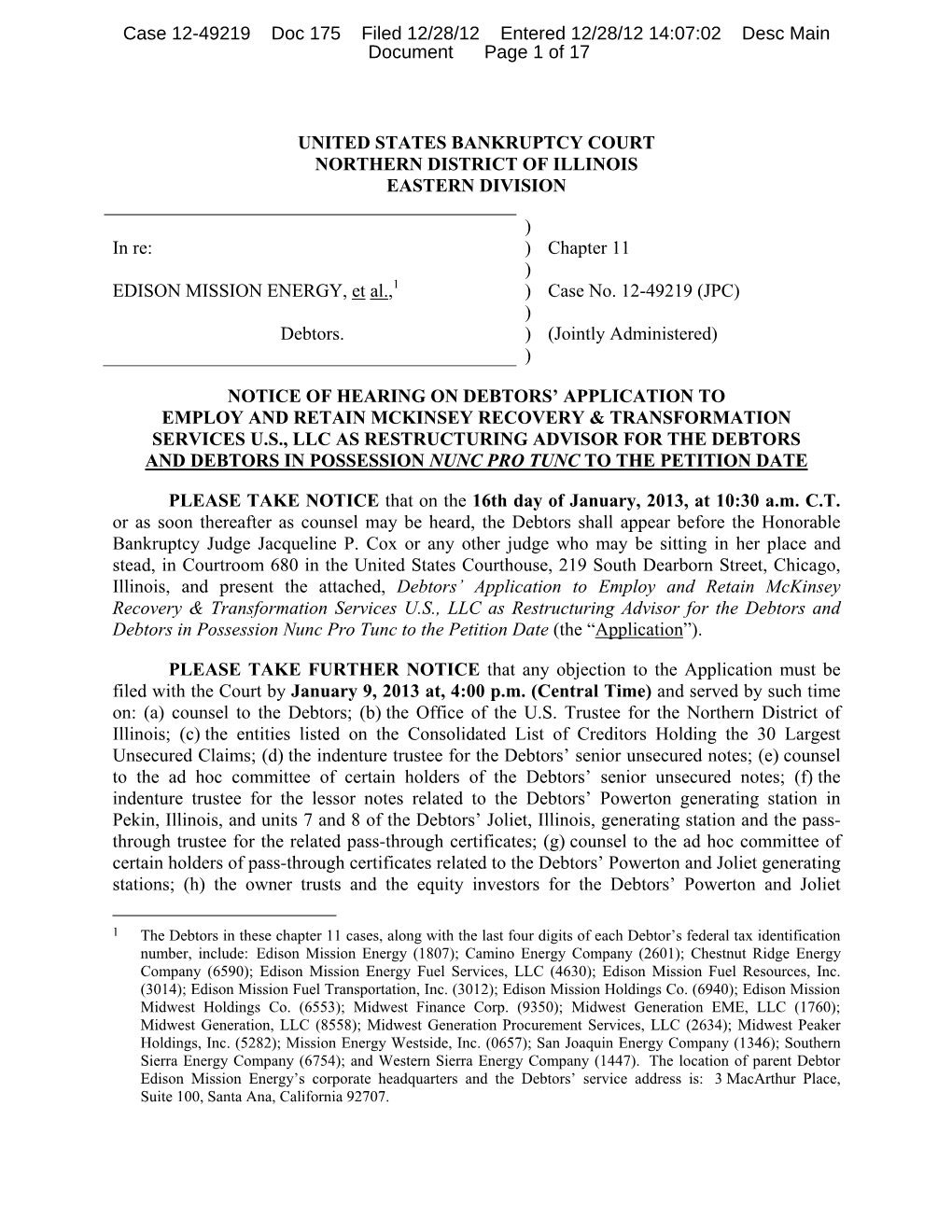 Chapter 11 ) EDISON MISSION ENERGY, Et Al.,1 ) Case No