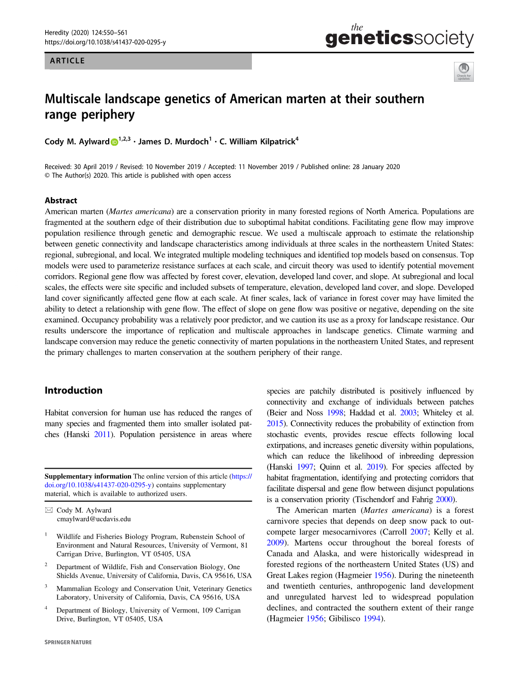 Multiscale Landscape Genetics of American Marten at Their Southern Range Periphery