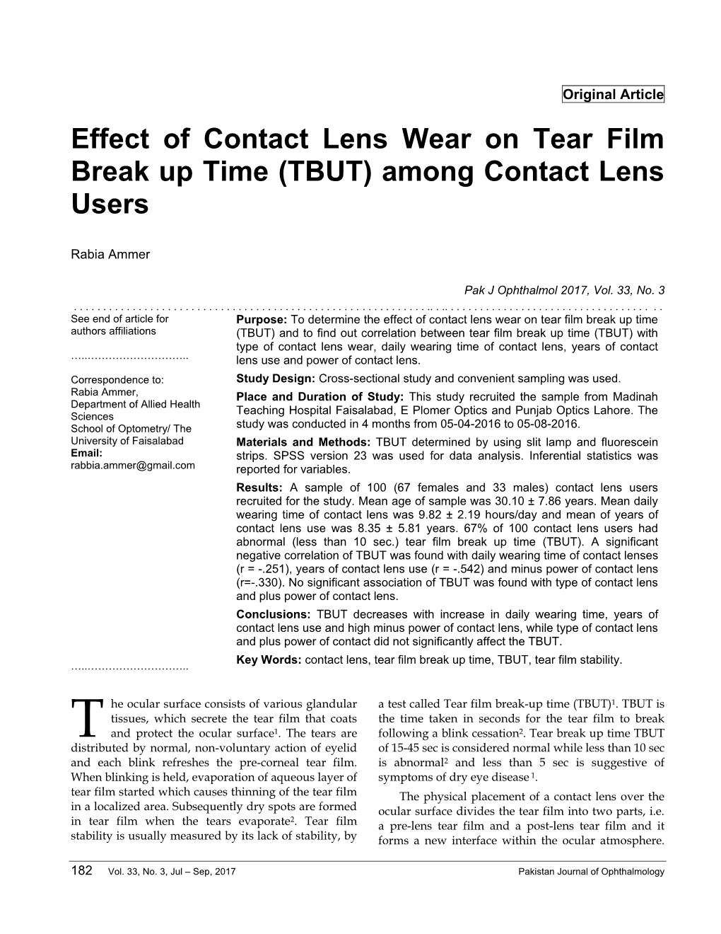 Effect of Contact Lens Wear on Tear Film Break up Time (TBUT) Among Contact Lens Users