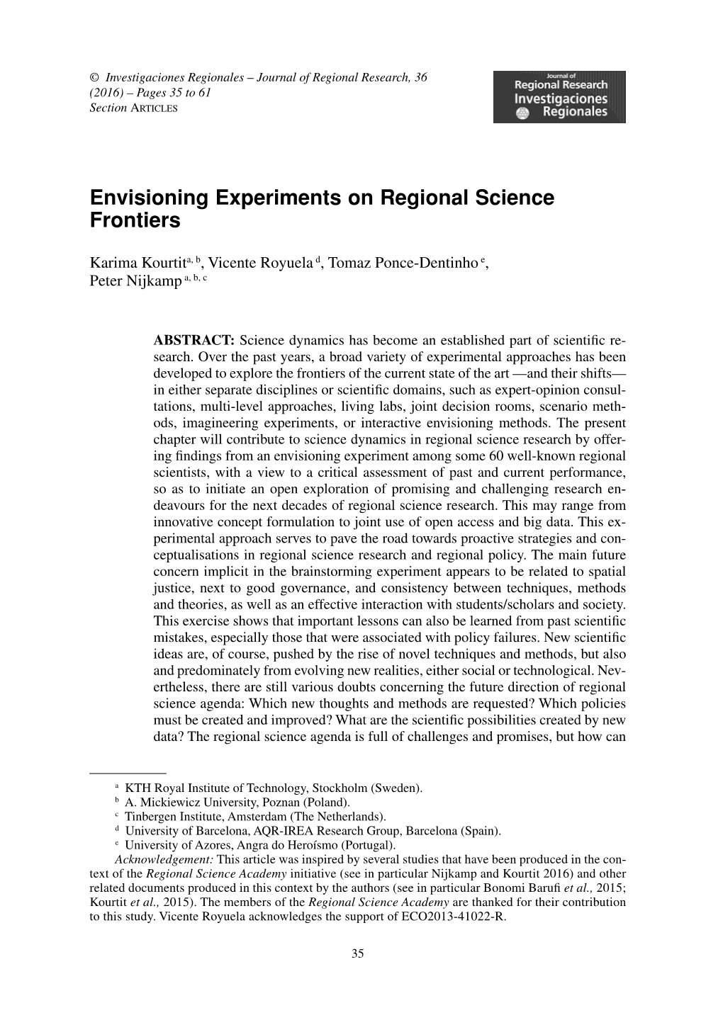 Envisioning Experiments on Regional Science Frontiers