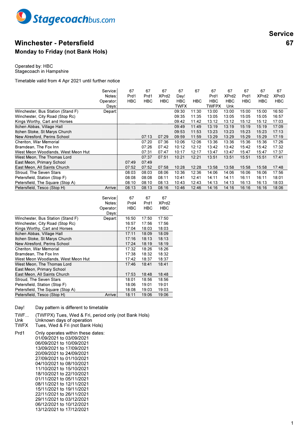 Service Winchester - Petersfield 67 Monday to Friday (Not Bank Hols)