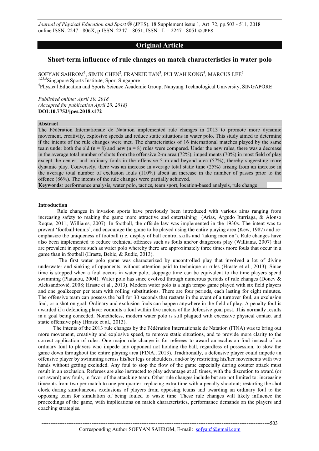 Original Article Short-Term Influence of Rule Changes on Match Characteristics in Water Polo