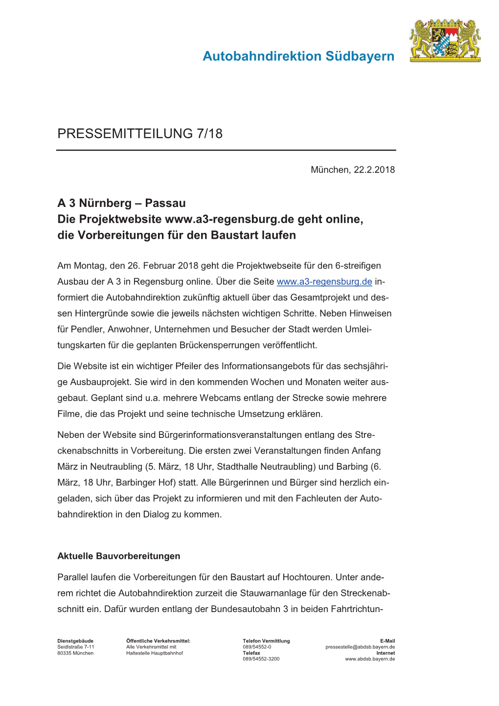 Autobahndirektion Südbayern PRESSEMITTEILUNG 7/18