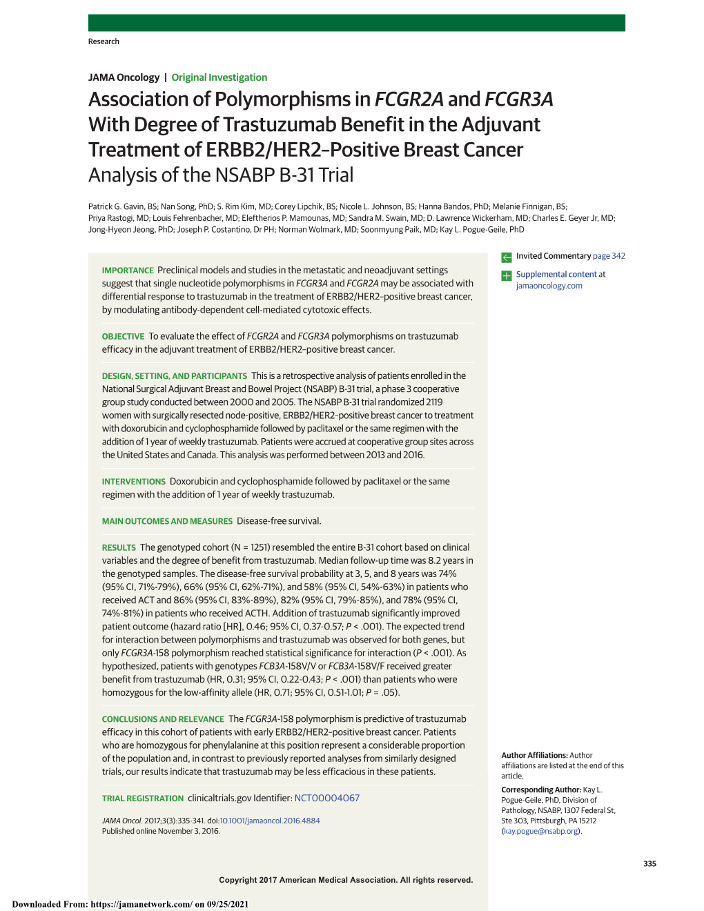 Association of Polymorphisms in FCGR2A and FCGR3A with Degree of Trastuzumab Benefit in the Adjuvant Treatment of ERBB2/HER2–P