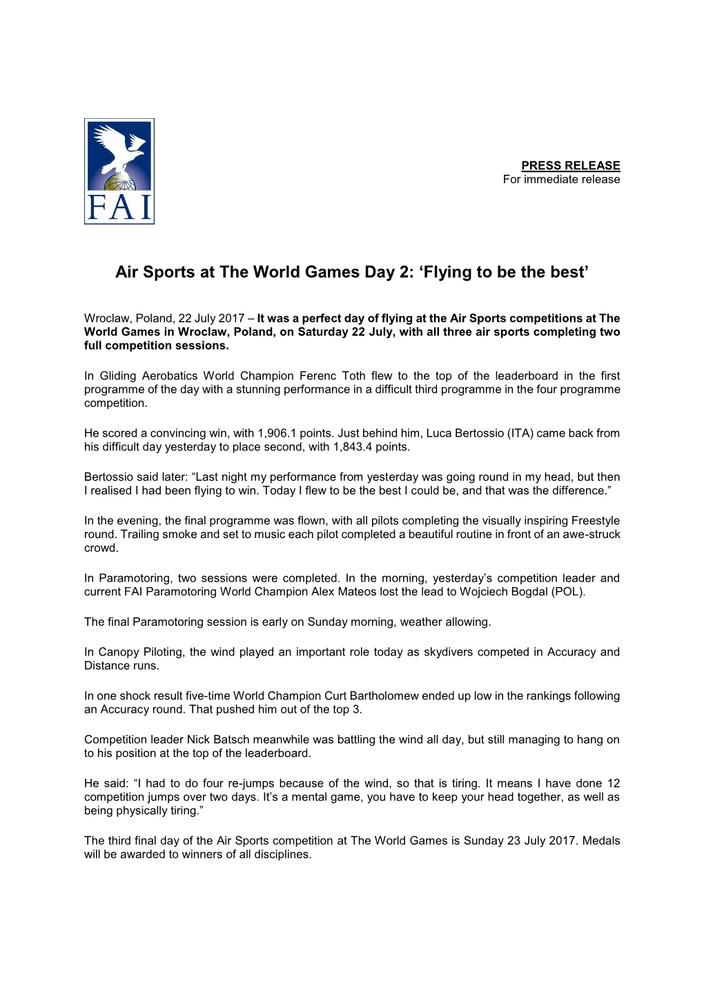 Air Sports at the World Games Day 2: 'Flying to Be the Best'