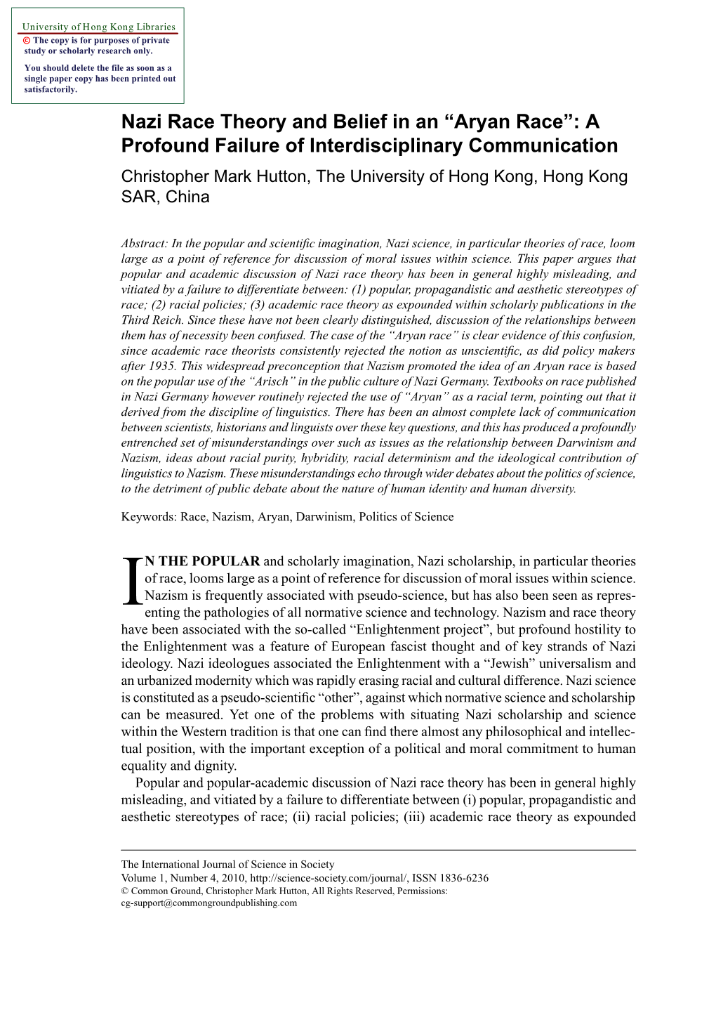 Aryan Race”: a Profound Failure of Interdisciplinary Communication Christopher Mark Hutton, the University of Hong Kong, Hong Kong SAR, China