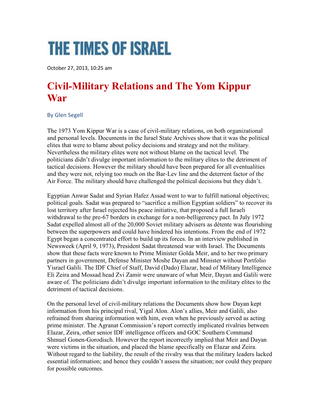 Civil-Military Relations and the Yom Kippur War