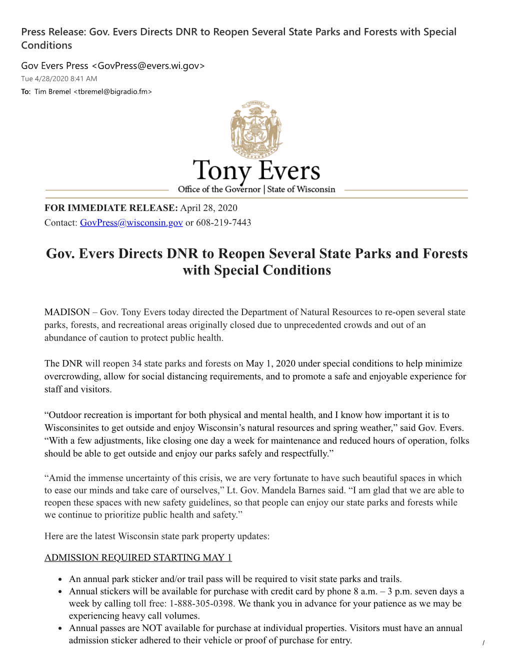 Gov. Evers Directs DNR to Reopen Several State Parks and Forests with Special Conditions