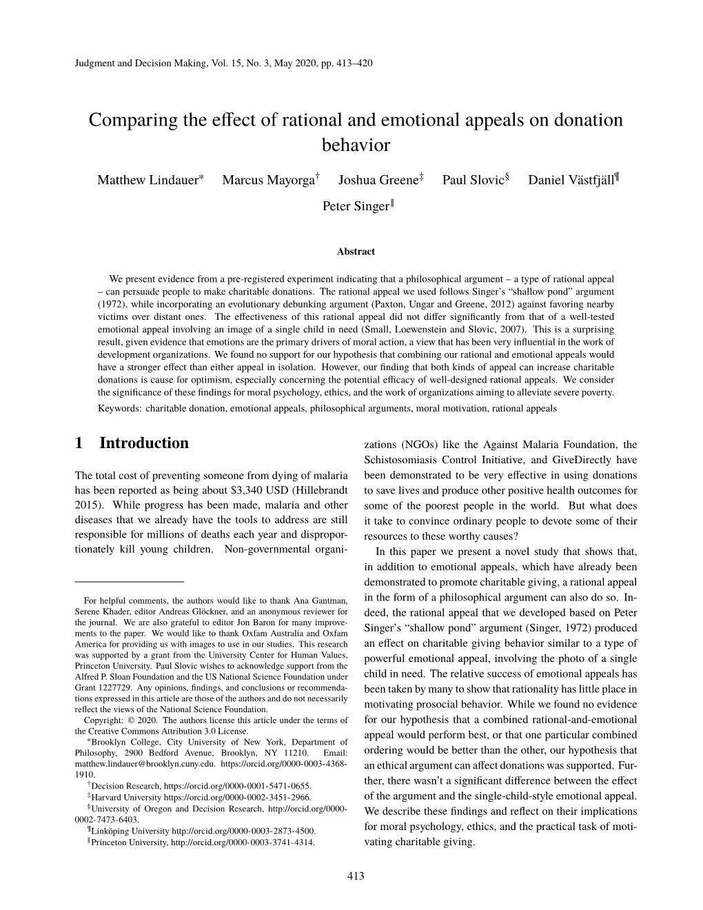 Comparing the Effect of Rational and Emotional Appeals on Donation