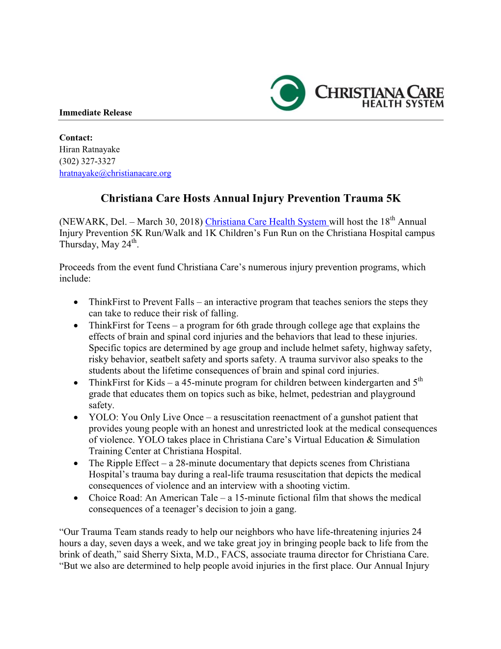Christiana Care Hosts Annual Injury Prevention Trauma 5K