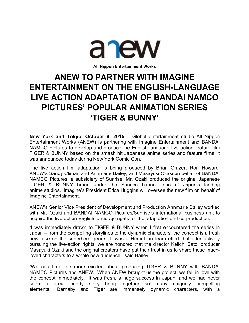 Anew to Partner with Imagine Entertainment on the English-Language Live Action Adaptation of Bandai Namco Pictures' Popular An