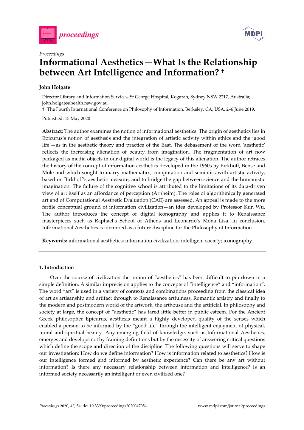 Informational Aesthetics—What Is the Relationship Between Art Intelligence and Information? †