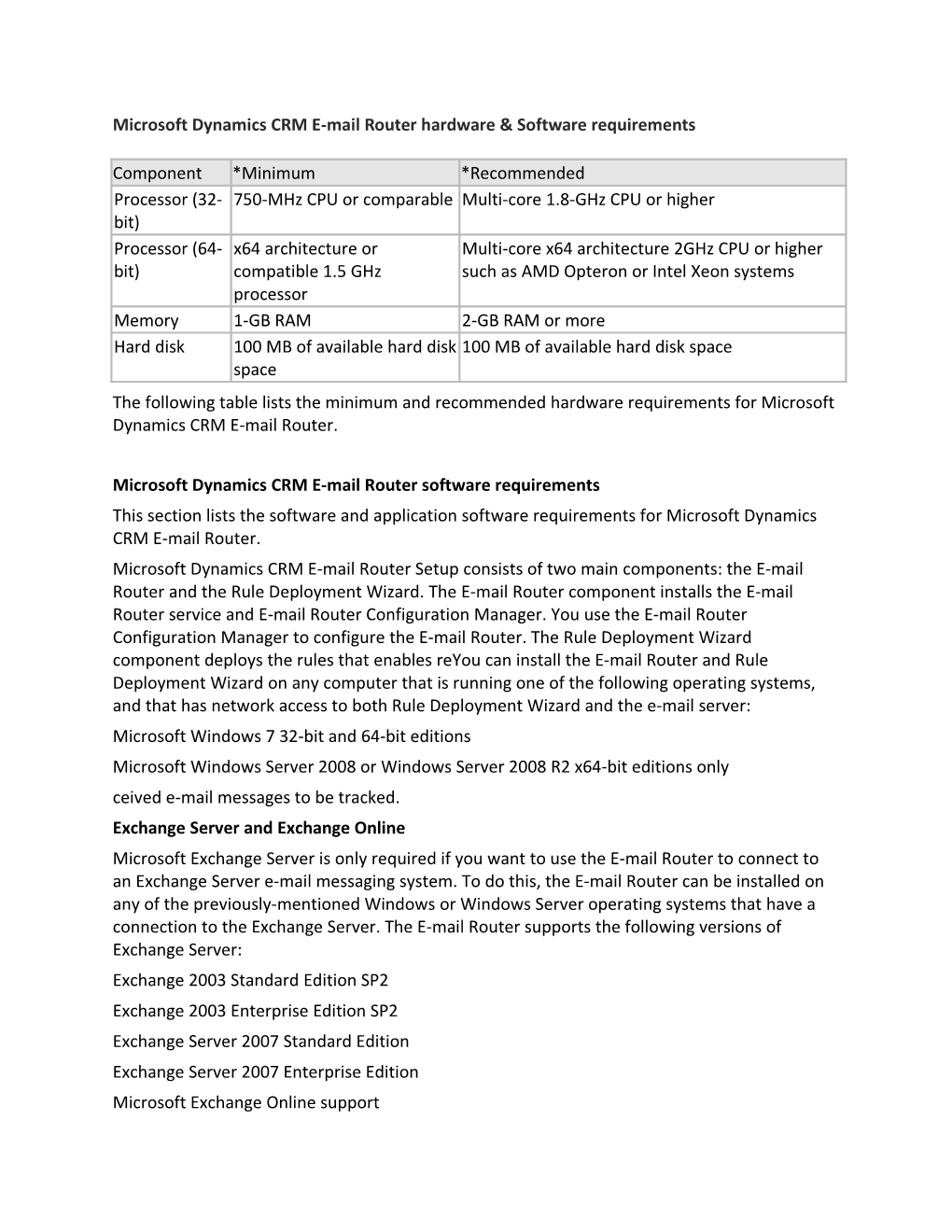 Microsoft Dynamics CRM E-Mail Router Hardware & Software Requirements