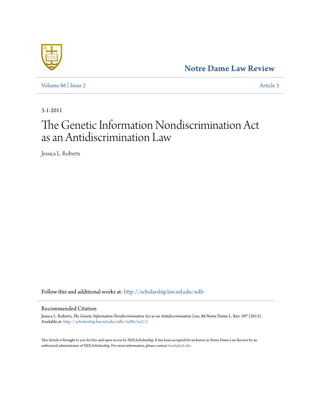 The Genetic Information Nondiscrimination Act As an Antidiscrimination Law Jessica L