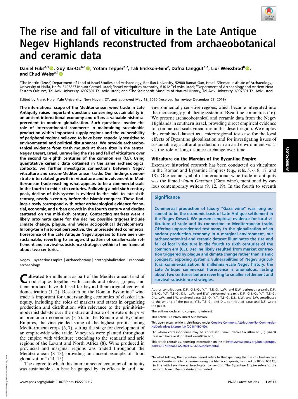 The Rise and Fall of Viticulture in the Late Antique Negev Highlands Reconstructed from Archaeobotanical and Ceramic Data