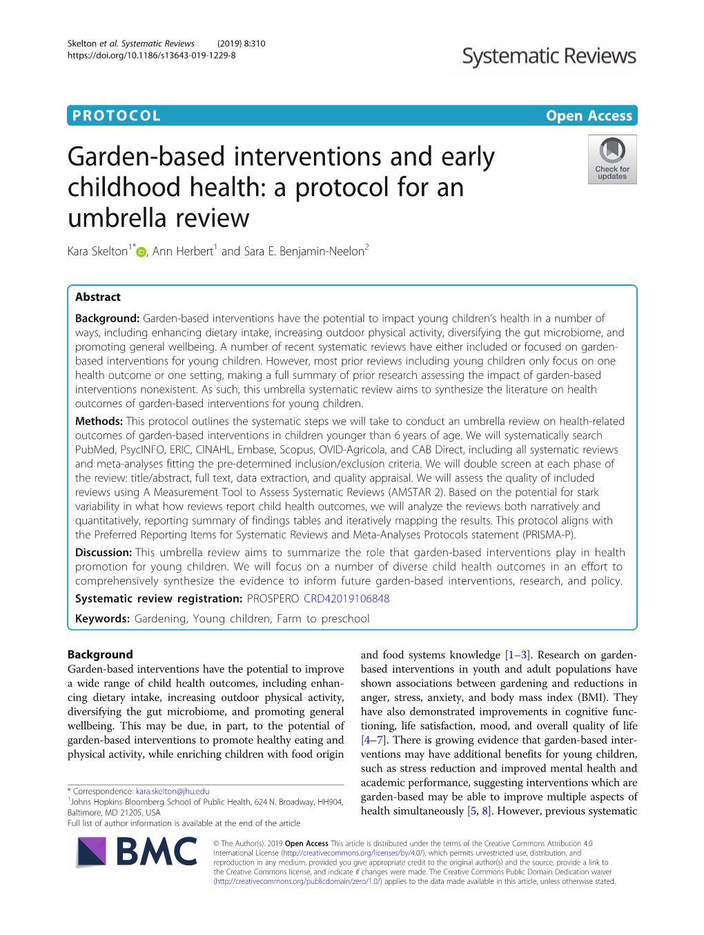 Garden-Based Interventions and Early Childhood Health: a Protocol for an Umbrella Review Kara Skelton1* , Ann Herbert1 and Sara E