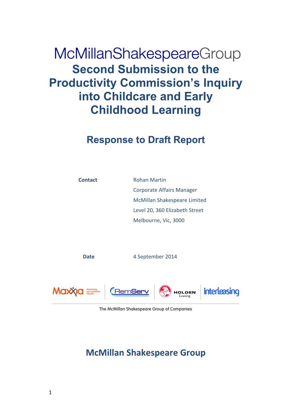 Submission DR687 - Mcmillan Shakespeare Group - Childcare and Early Childhood Learning