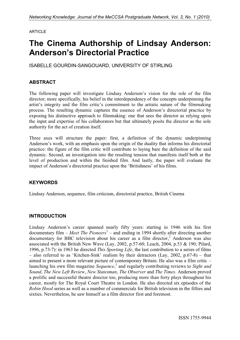 The Cinema Authorship of Lindsay Anderson: Anderson’S Directorial Practice