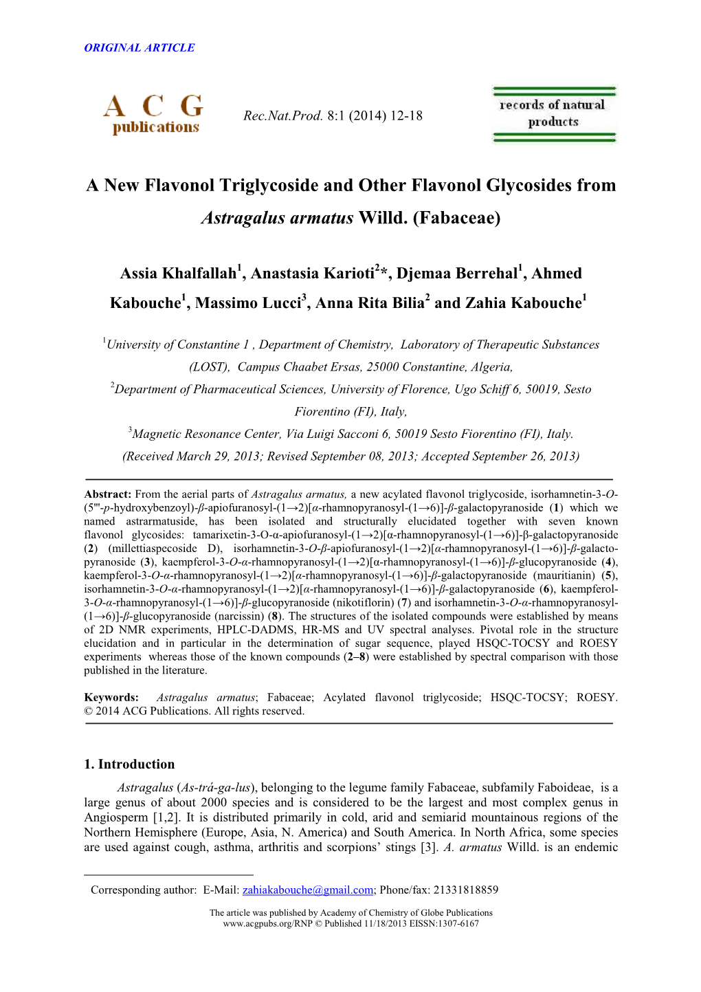 A New Flavonol Triglycoside and Other Flavonol Glycosides from Astragalus Armatus Willd