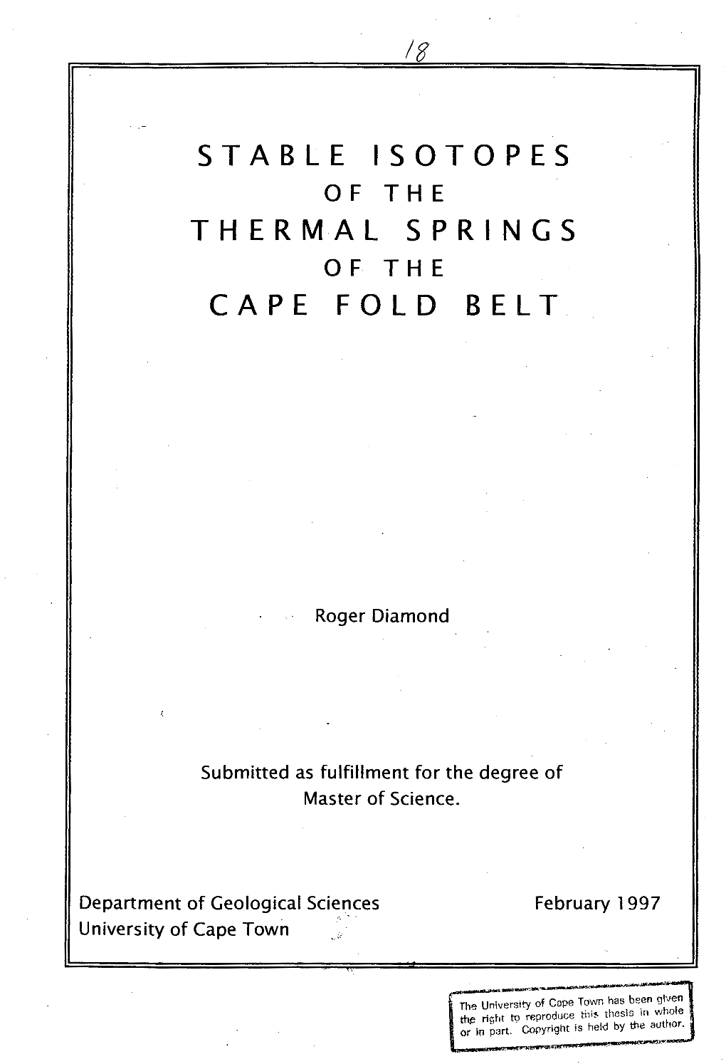 Stable Isotopes of the Thermal Springs of the Cape Fold Belt