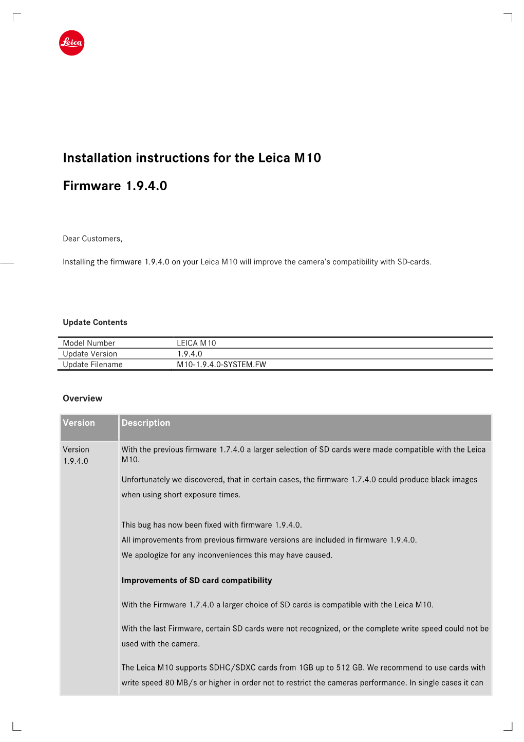 Installation Instructions for the Leica M10 Firmware 1.9.4.0