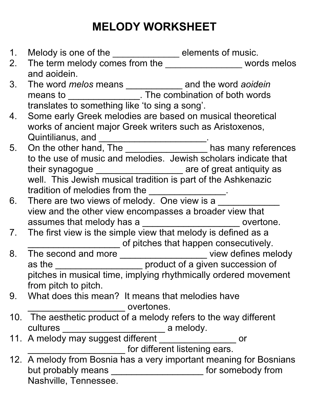 Melody Worksheet