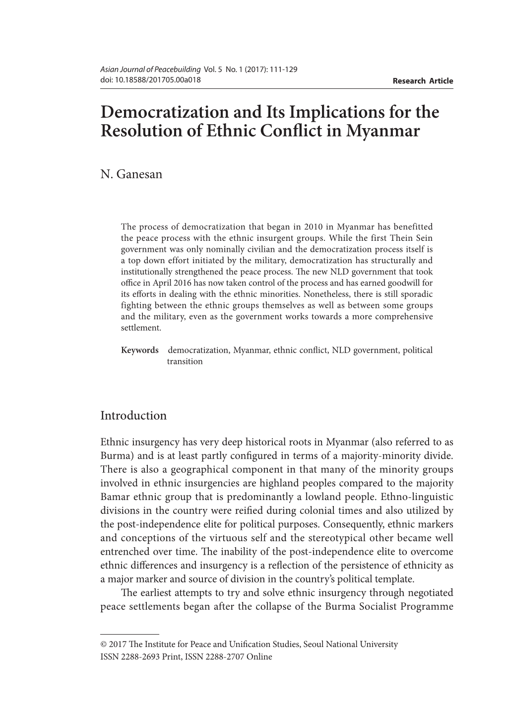 Democratization and Its Implications for the Resolution of Ethnic Conflict in Myanmar