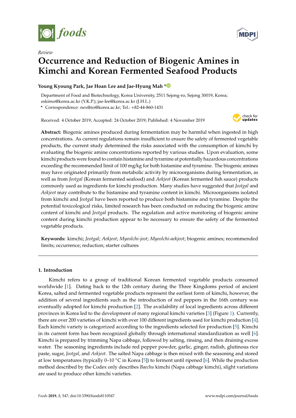 Occurrence and Reduction of Biogenic Amines in Kimchi and Korean Fermented Seafood Products