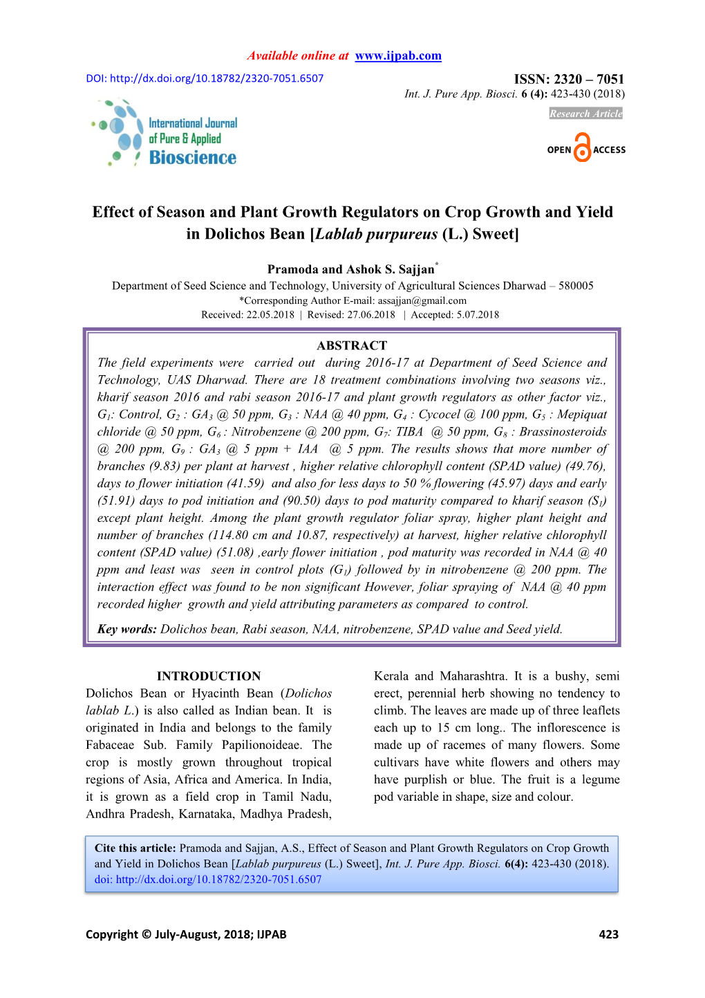 Effect of Season and Plant Growth Regulators on Crop Growth and Yield in Dolichos Bean [Lablab Purpureus (L.) Sweet]