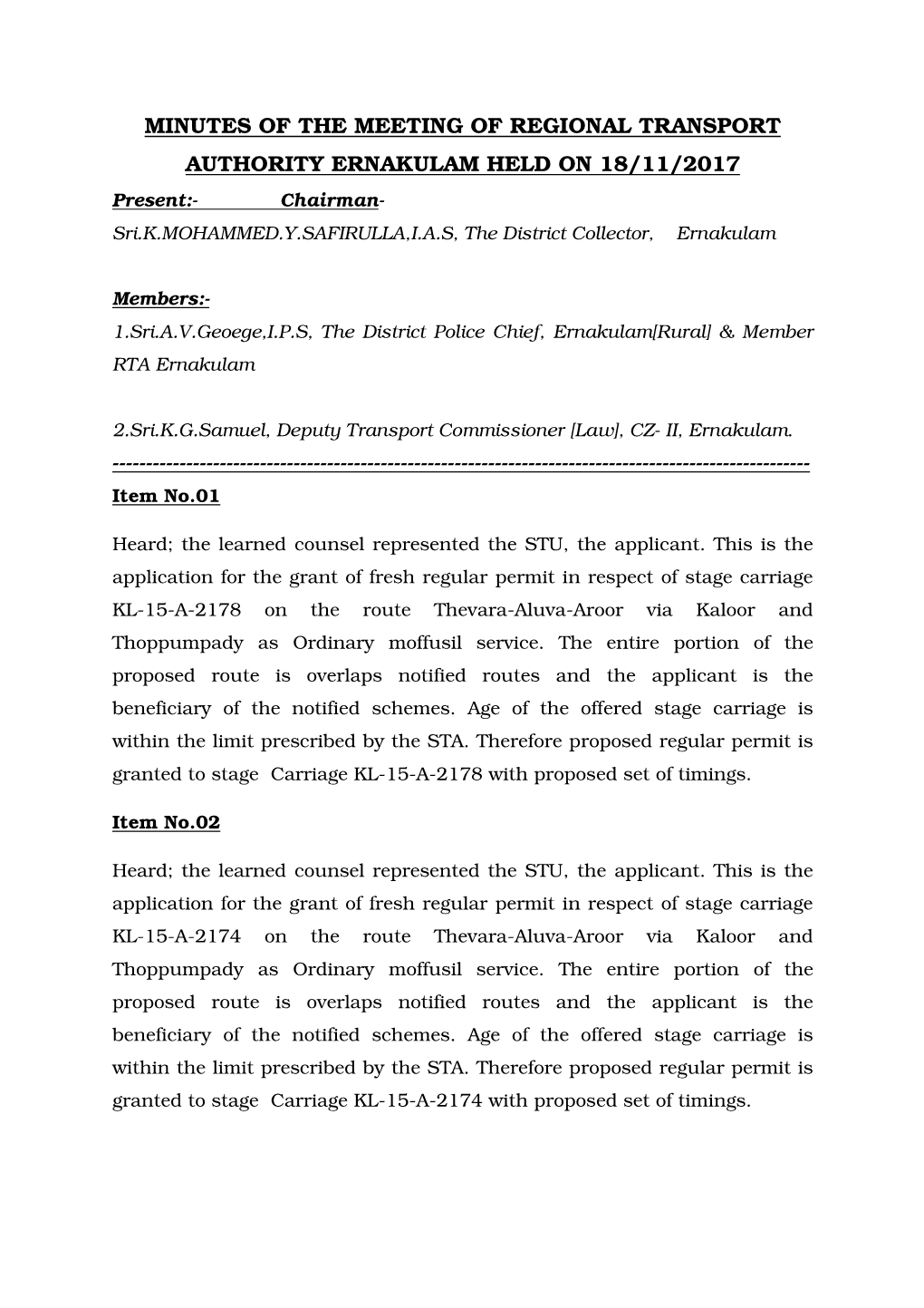 Minutes of the Meeting of Regional Transport Authority Ernakulam Held