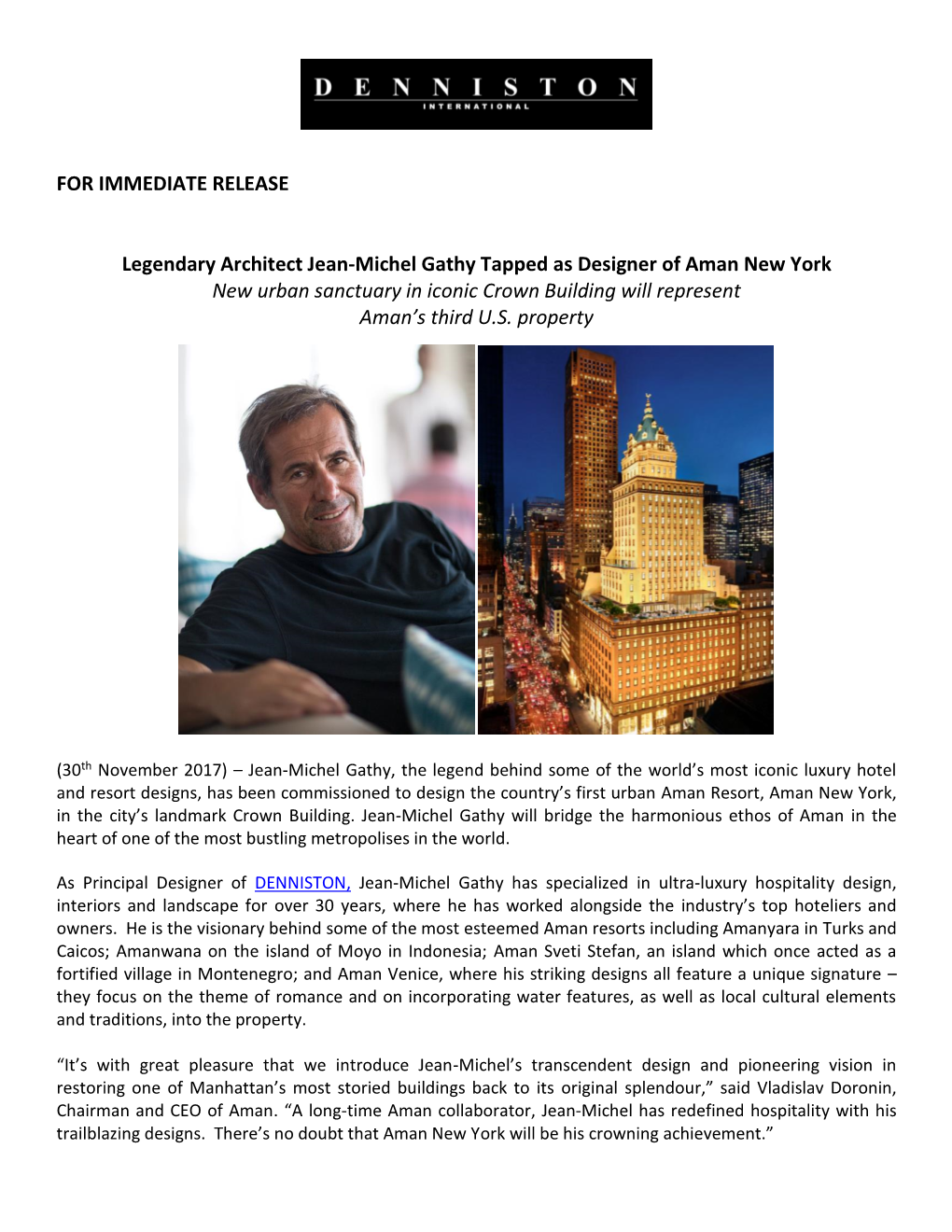 FOR IMMEDIATE RELEASE Legendary Architect Jean-Michel