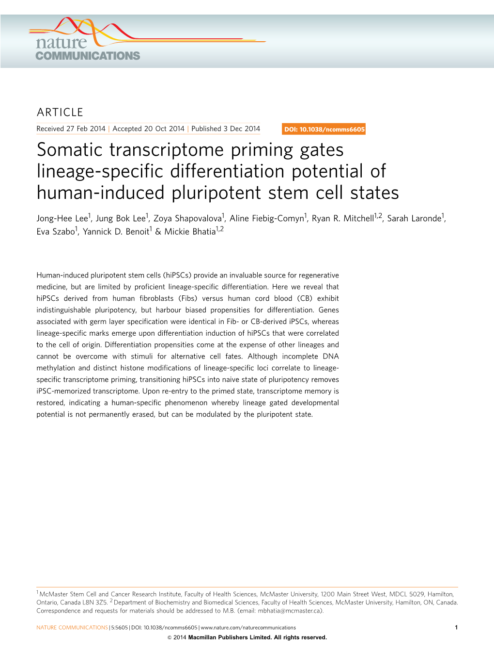 Somatic Transcriptome Priming Gates Lineage-Specific Differentiation