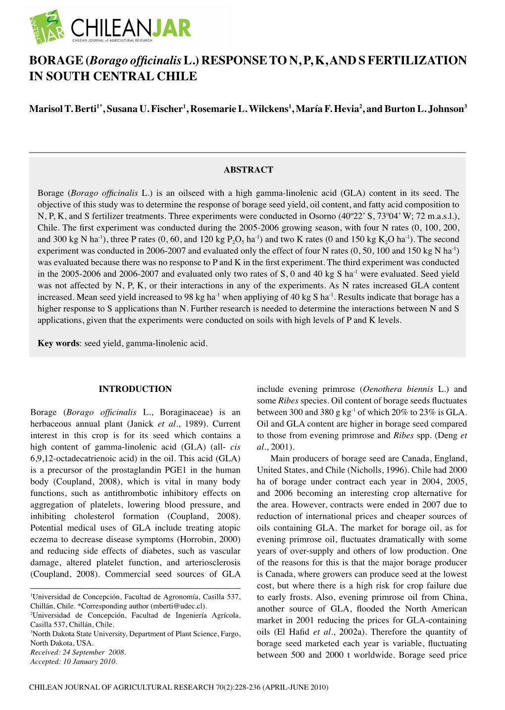 BORAGE (Borago Officinalis L.) RESPONSE to N, P, K, and S FERTILIZATION in SOUTH CENTRAL CHILE