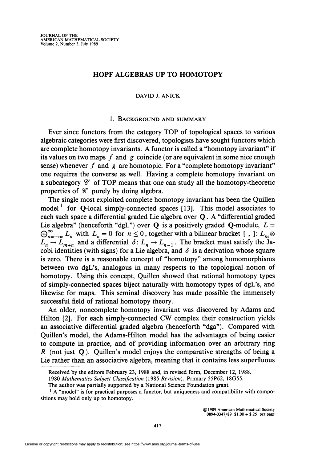 HOPF ALGEBRAS up to HOMOTOPY Ever Since Functors