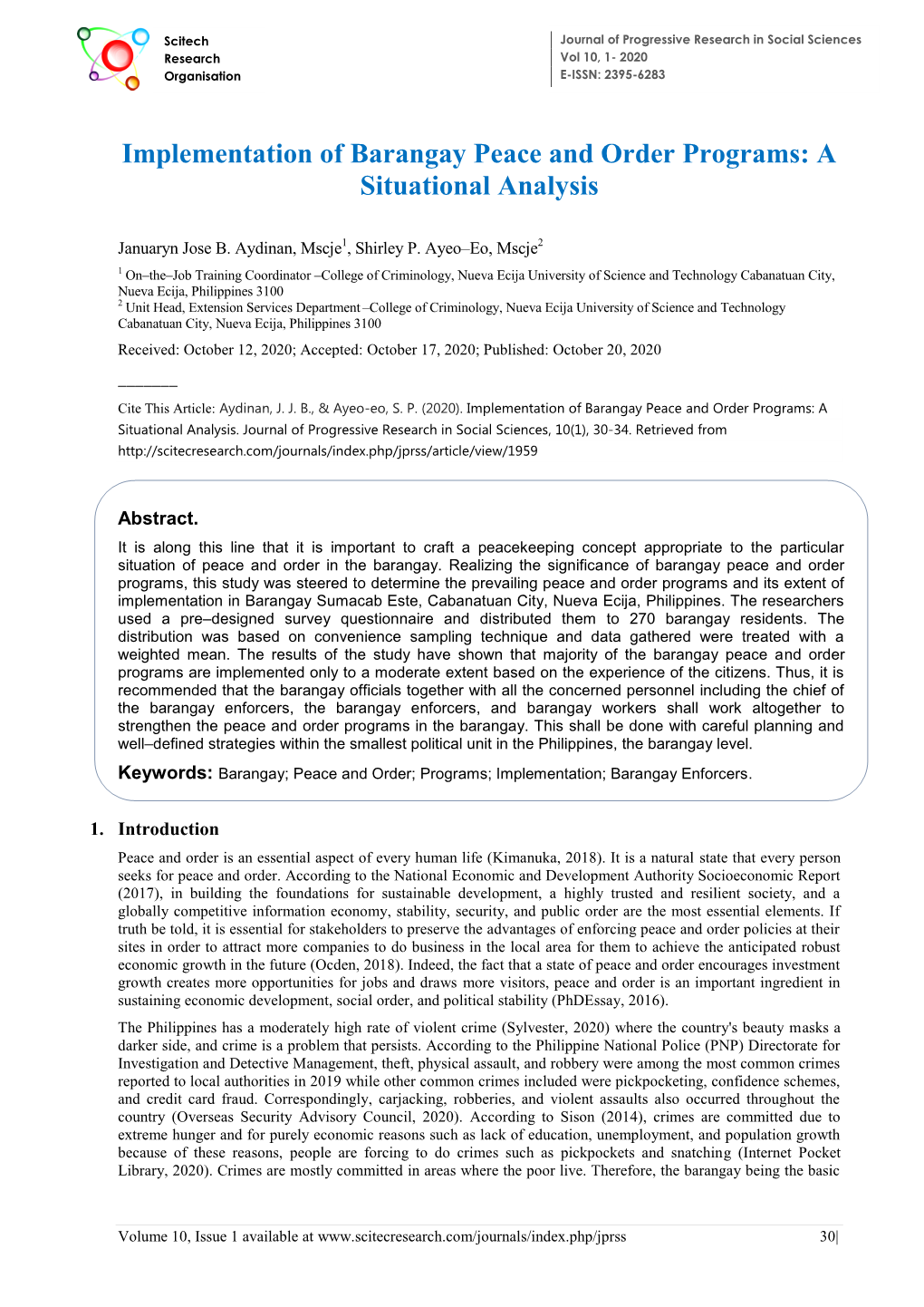 Implementation of Barangay Peace and Order Programs: a Situational Analysis