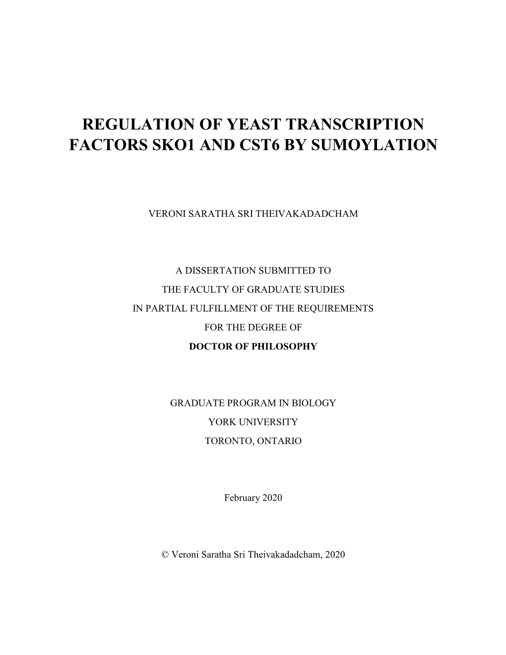 Regulation of Yeast Transcription Factors Sko1 and Cst6 by Sumoylation