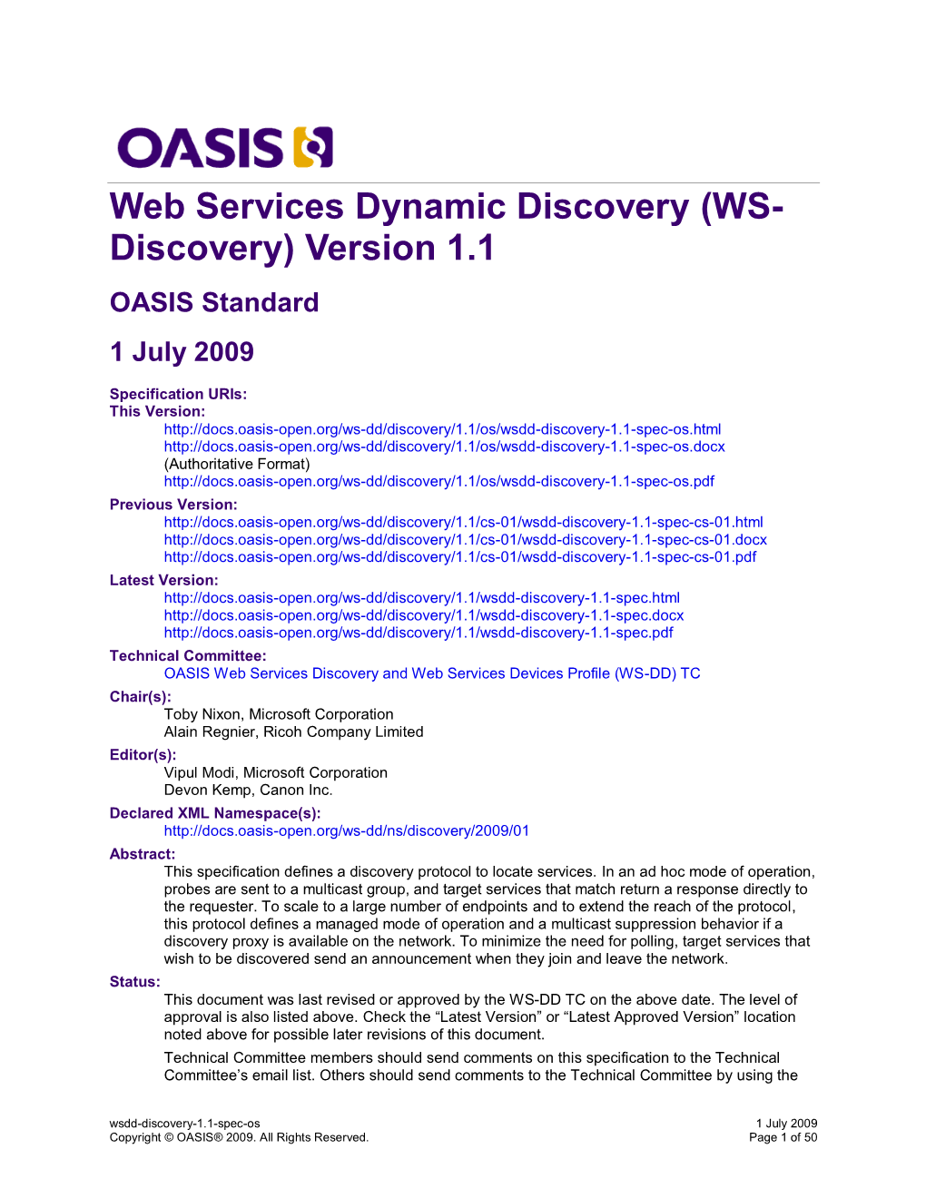 Web Services Dynamic Discovery Version 1.1 (OASIS Wsdd