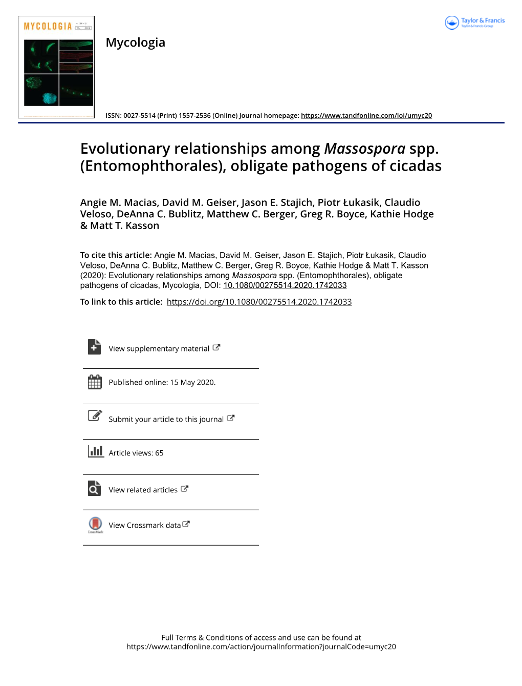 Evolutionary Relationships Among Massospora Spp. (Entomophthorales), Obligate Pathogens of Cicadas