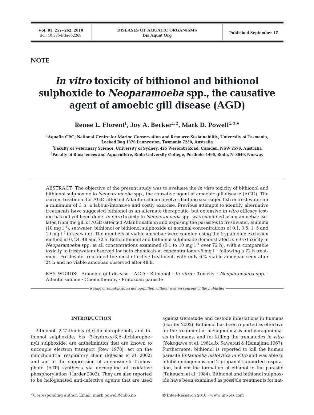 In Vitro Toxicity of Bithionol and Bithionol Sulphoxide to Neoparamoeba Spp., the Causative Agent of Amoebic Gill Disease (AGD)